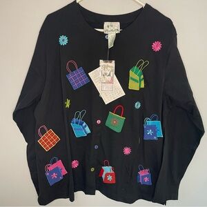 The Quacker Factory Black Cardigan Colorful Shopping Embroidery NWT 1X